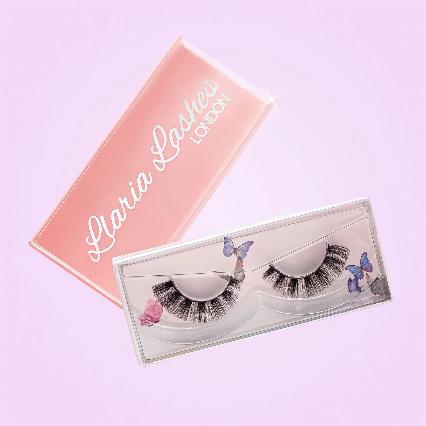 Eyelash packaging with 'Llaria Lashes London' branding on a pink background