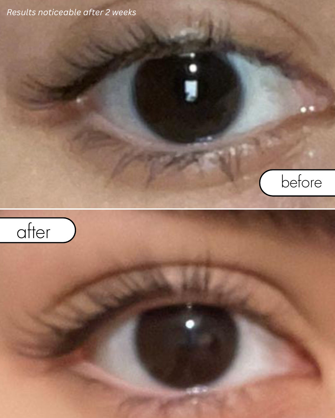 Before and after comparison of an eye with a cosmetic product application.