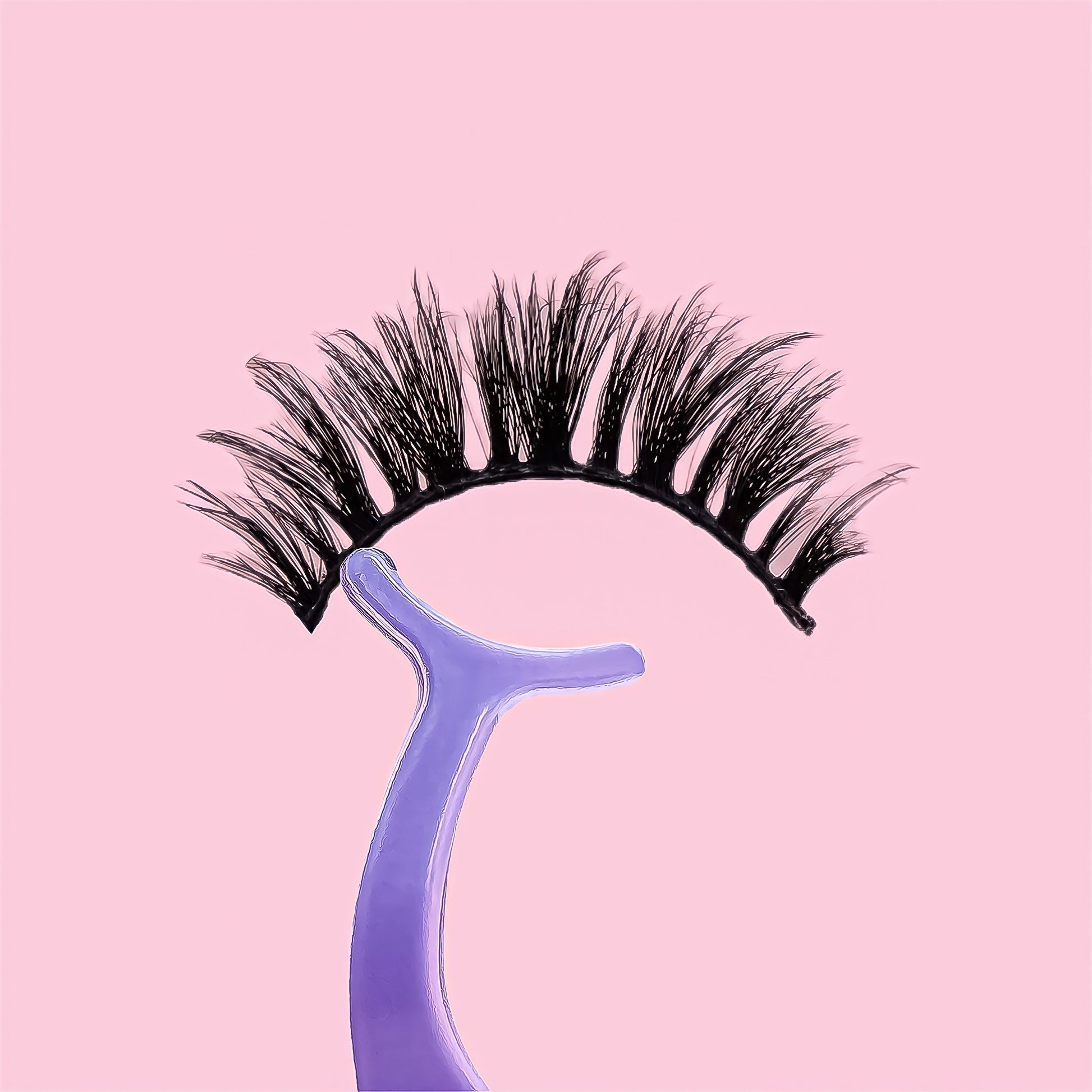 Pair of false eyelashes on a purple holder against a pink background