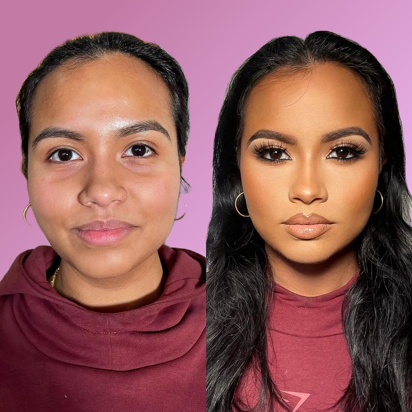 Side-by-side comparison of a woman with and without makeup on a pink background