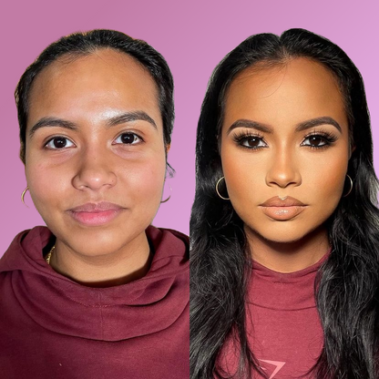 Side-by-side comparison of a woman with and without makeup on a pink background