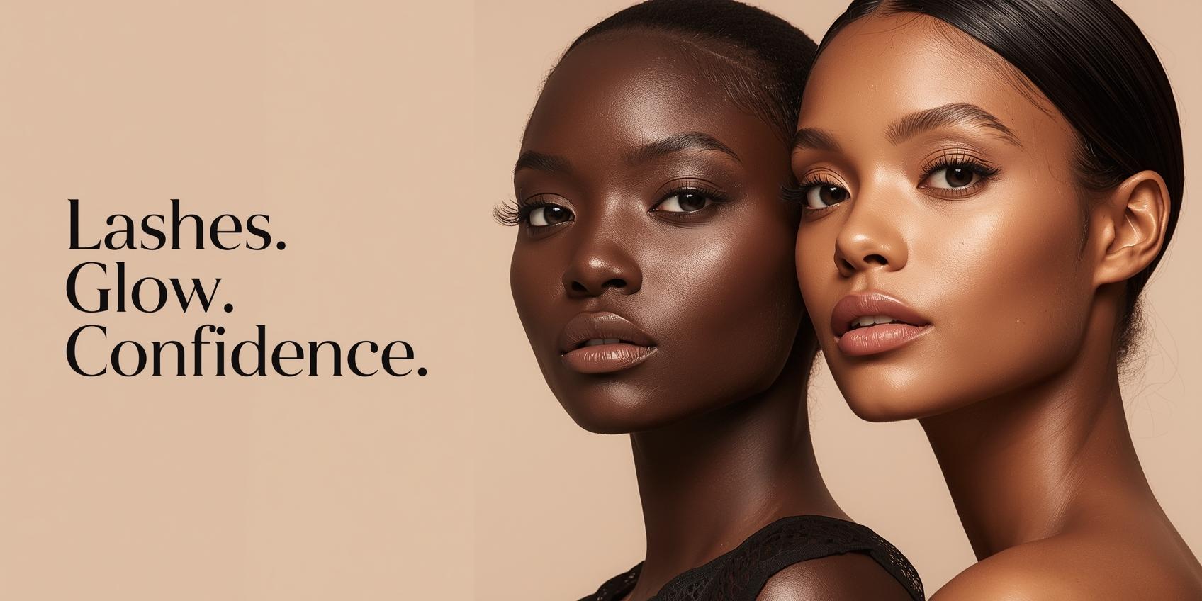 Two women with text 'Lashes. Glow. Confidence.' on a beige background